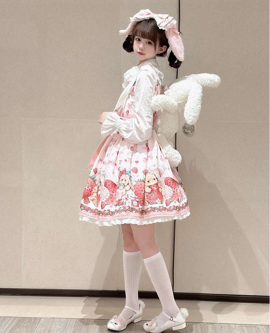 Pink Rabbit Berry Printing Sweet Lolita JSK Pink Lolita Dress