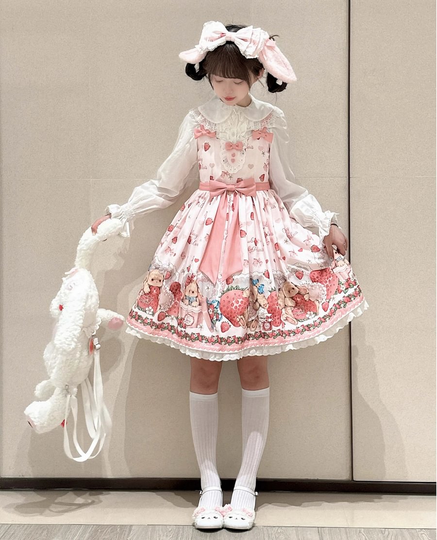 Pink Rabbit Berry Printing Sweet Lolita JSK Pink Lolita Dress
