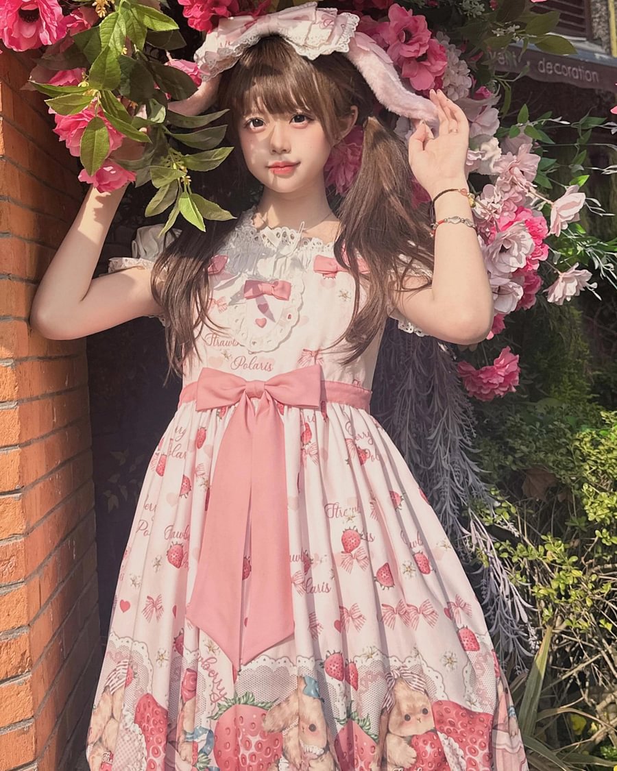 Pink Rabbit Berry Printing Sweet Lolita JSK Pink Lolita Dress