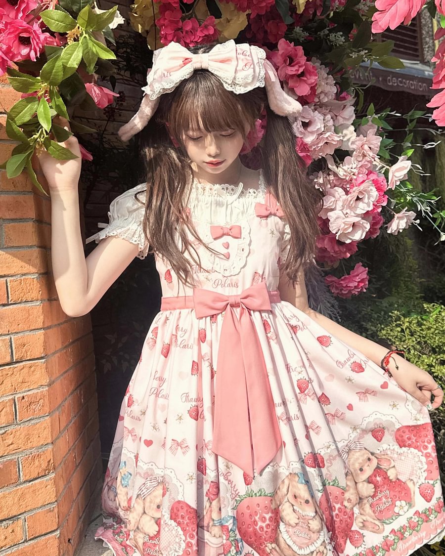 Pink Rabbit Berry Printing Sweet Lolita JSK Pink Lolita Dress