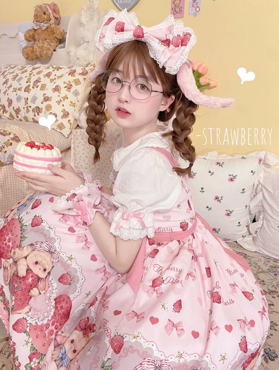 Pink Rabbit Berry Printing Sweet Lolita JSK Pink Lolita Dress