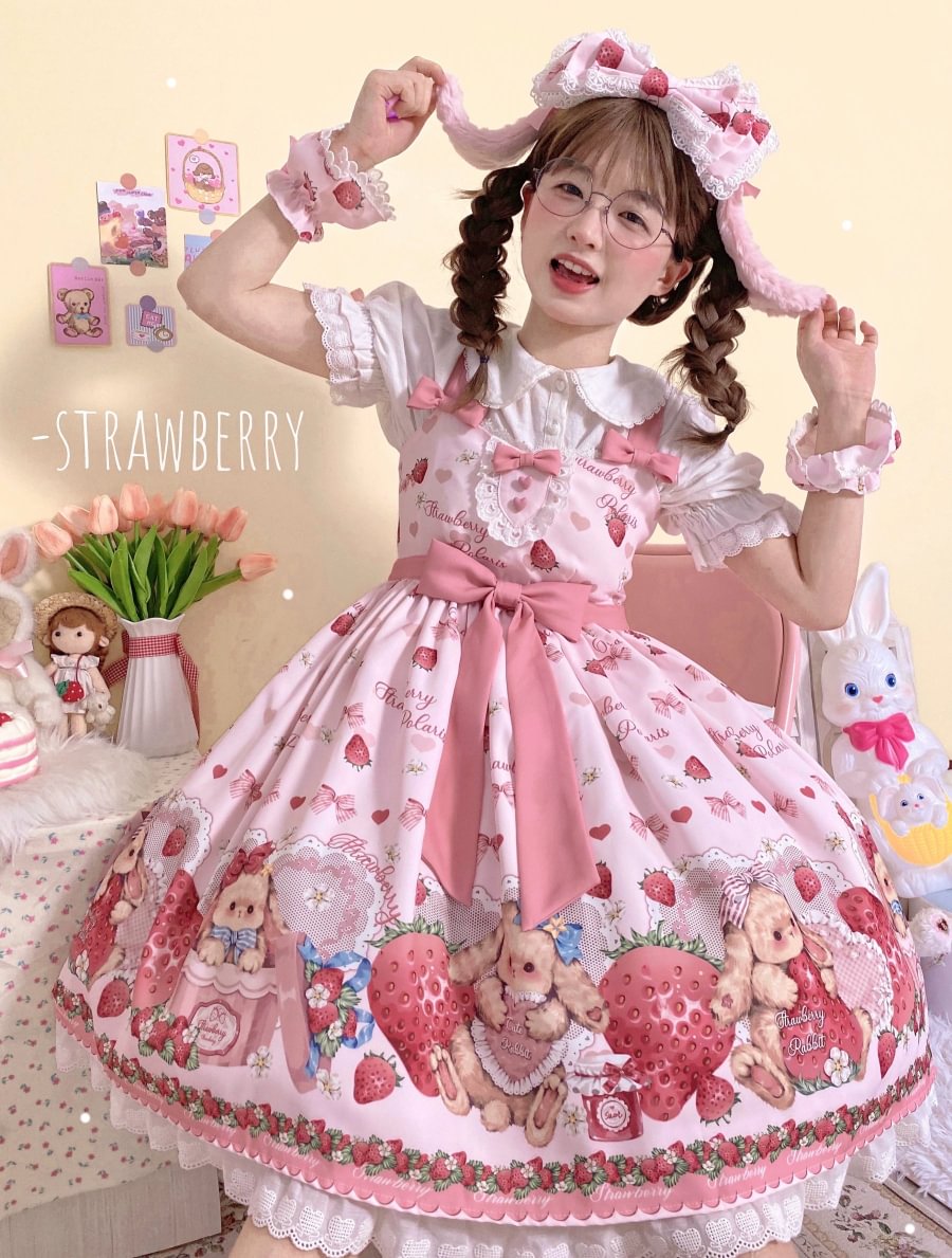 Pink Rabbit Berry Printing Sweet Lolita JSK Pink Lolita Dress