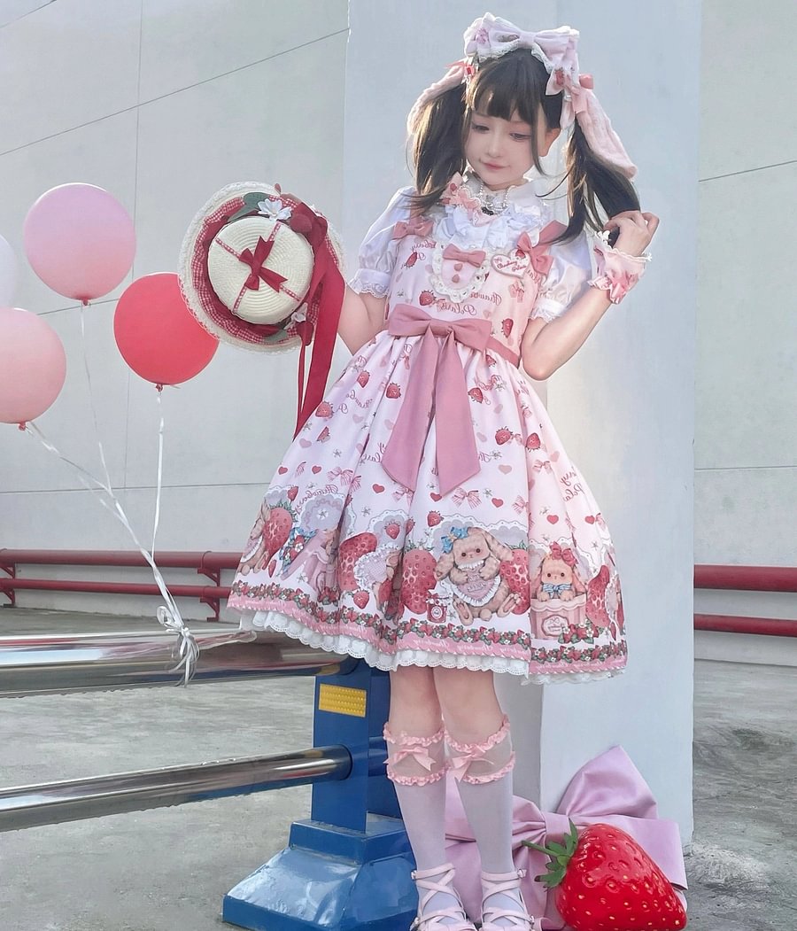 Pink Rabbit Berry Printing Sweet Lolita JSK Pink Lolita Dress