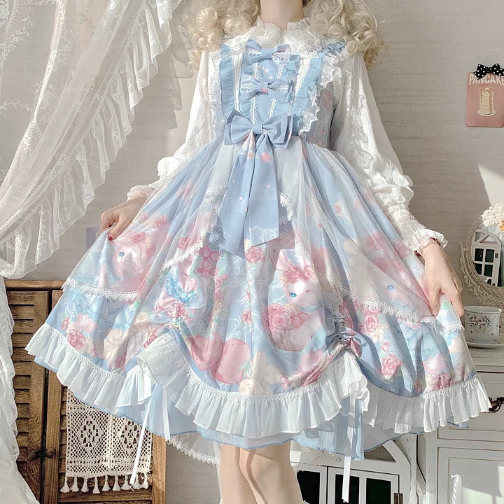 Pink Rabbit Print Sweet Lolita Dress JSK Bow Suspender Dress
