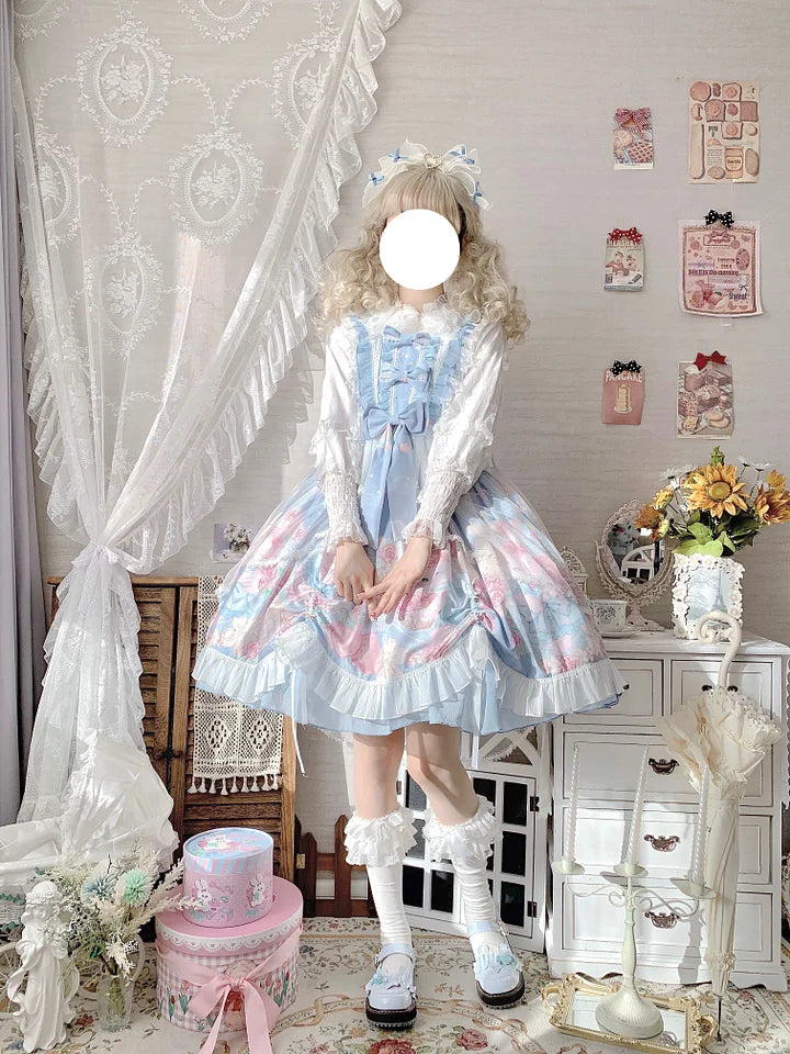 Pink Rabbit Print Sweet Lolita Dress JSK Bow Suspender Dress