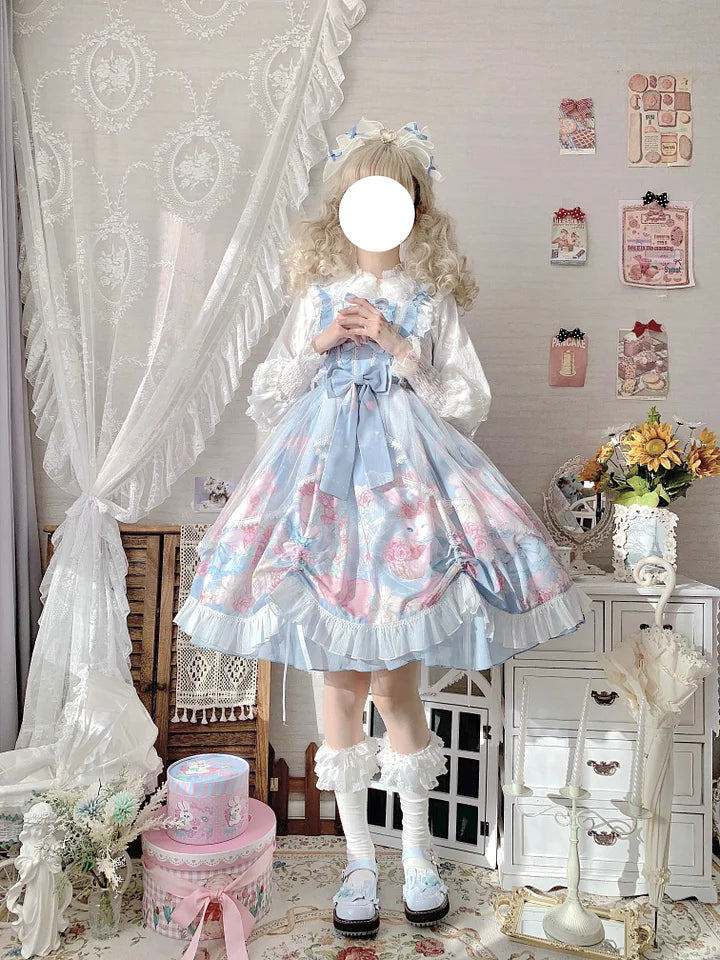 Pink Rabbit Print Sweet Lolita Dress JSK Bow Suspender Dress
