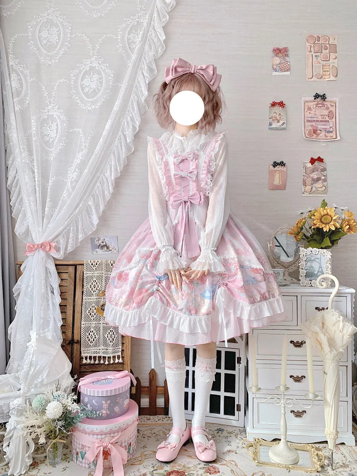 Pink Rabbit Print Sweet Lolita Dress JSK Bow Suspender Dress