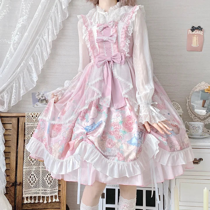 Pink Rabbit Print Sweet Lolita Dress JSK Bow Suspender Dress