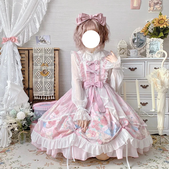 Pink Rabbit Print Sweet Lolita Dress JSK Bow Suspender Dress