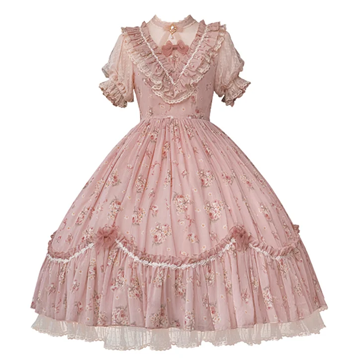 Pink Rose Flower Marriage Lolita Short Sleeve Floral Cla Elegant OP Dress