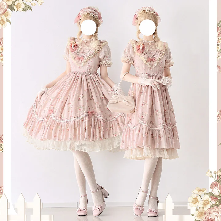 Pink Rose Flower Marriage Lolita Short Sleeve Floral Cla Elegant OP Dress