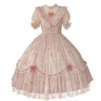 Pink Rose Flower Marriage Lolita Short Sleeve Floral Cla Elegant OP Dress