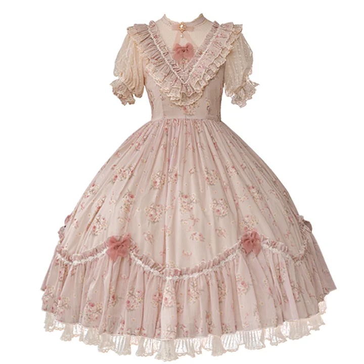 Pink Rose Flower Marriage Lolita Short Sleeve Floral Cla Elegant OP Dress
