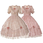 Pink Rose Flower Marriage Lolita Short Sleeve Floral Cla Elegant OP Dress