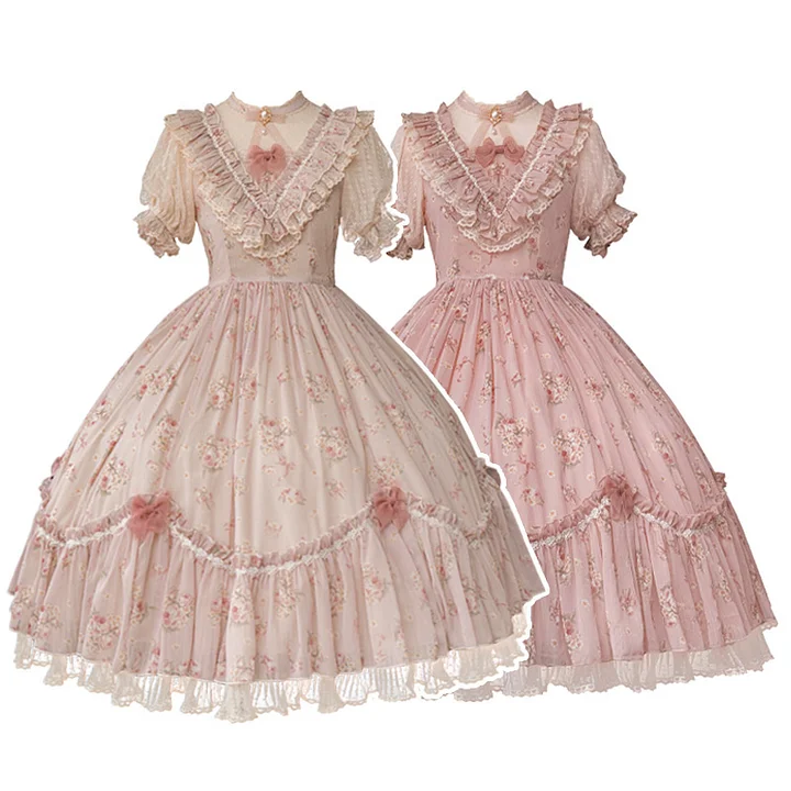 Pink Rose Flower Marriage Lolita Short Sleeve Floral Cla Elegant OP Dress