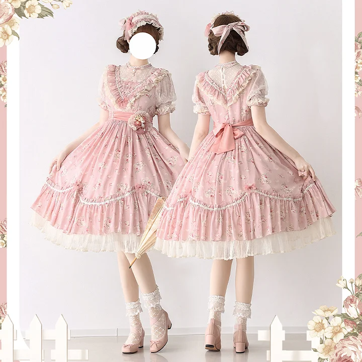 Pink Rose Flower Marriage Lolita Short Sleeve Floral Cla Elegant OP Dress