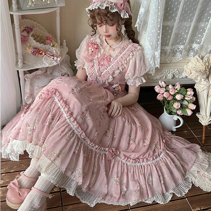 Pink Rose Flower Marriage Lolita Short Sleeve Floral Cla Elegant OP Dress
