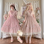 Pink Rose Flower Marriage Lolita Short Sleeve Floral Cla Elegant OP Dress