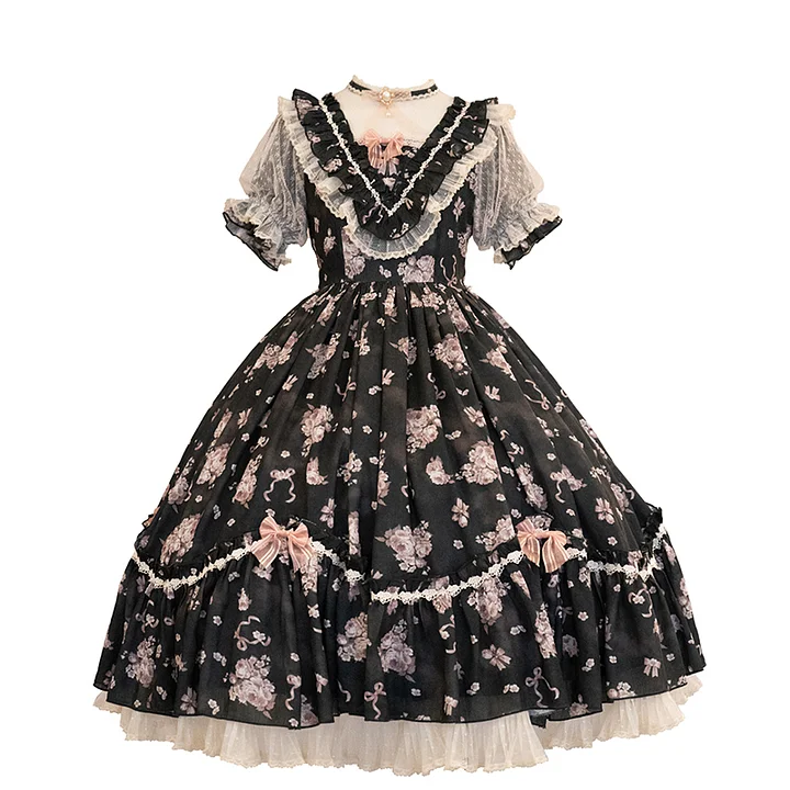 Pink Rose Flower Marriage Lolita Short Sleeve Floral Cla Elegant OP Dress