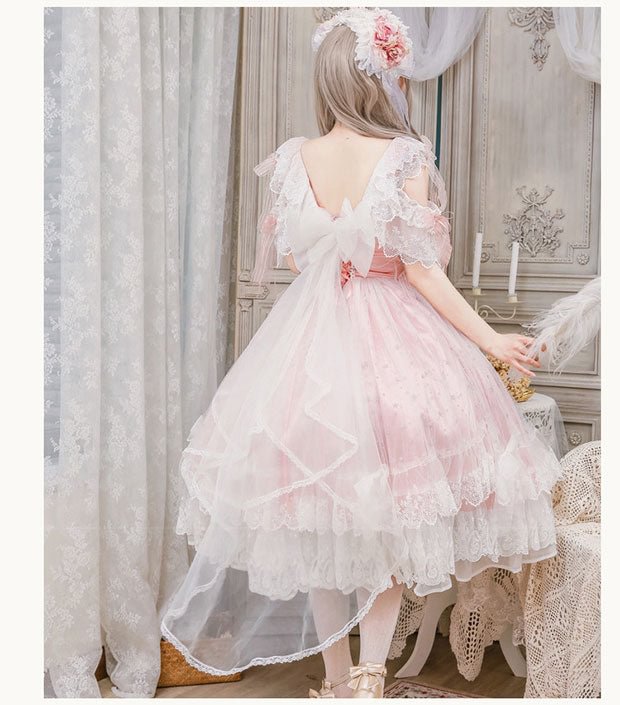 Pink Rose Lace Floral Marriage Lolita Multi Layer Dress Princess JSK