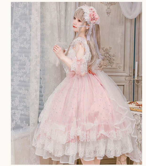 Pink Rose Lace Floral Marriage Lolita Multi Layer Dress Princess JSK