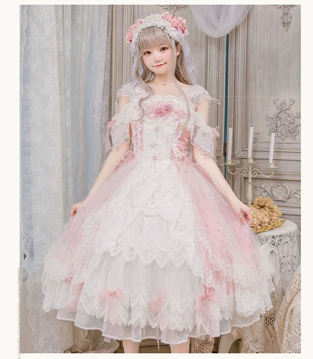 Pink Rose Lace Floral Marriage Lolita Multi Layer Dress Princess JSK