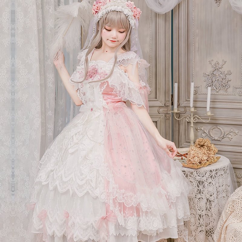 Pink Rose Lace Floral Marriage Lolita Multi Layer Dress Princess JSK