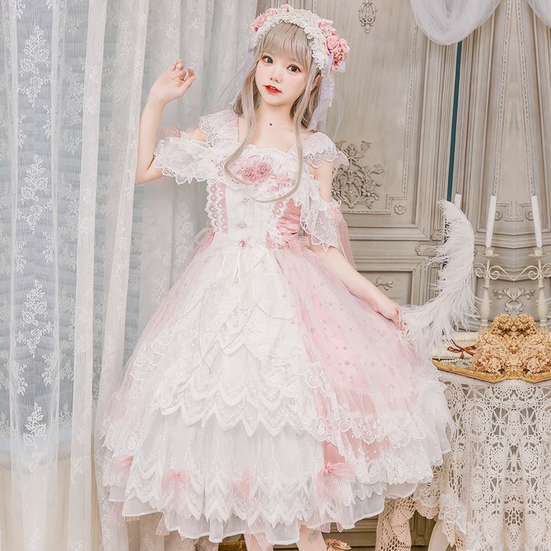 Pink Rose Lace Floral Marriage Lolita Multi Layer Dress Princess JSK