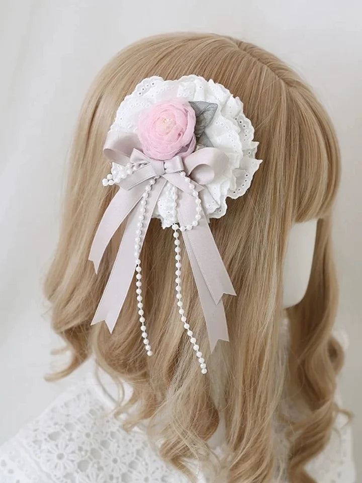 Pink Rose Lolita Outfit Hair Accessory Bowknot Hairpin Hat Hairband Elegant Sweet