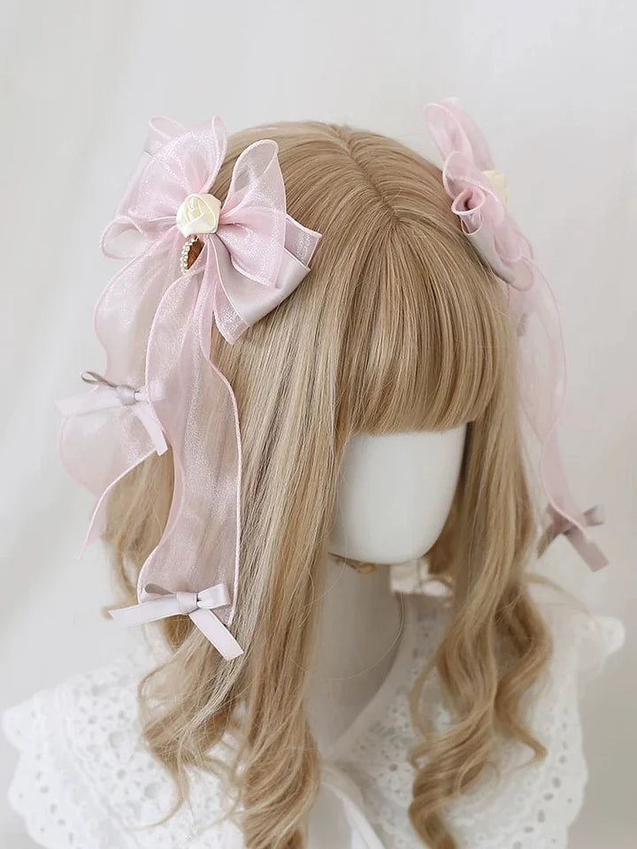 Pink Rose Lolita Outfit Hair Accessory Bowknot Hairpin Hat Hairband Elegant Sweet