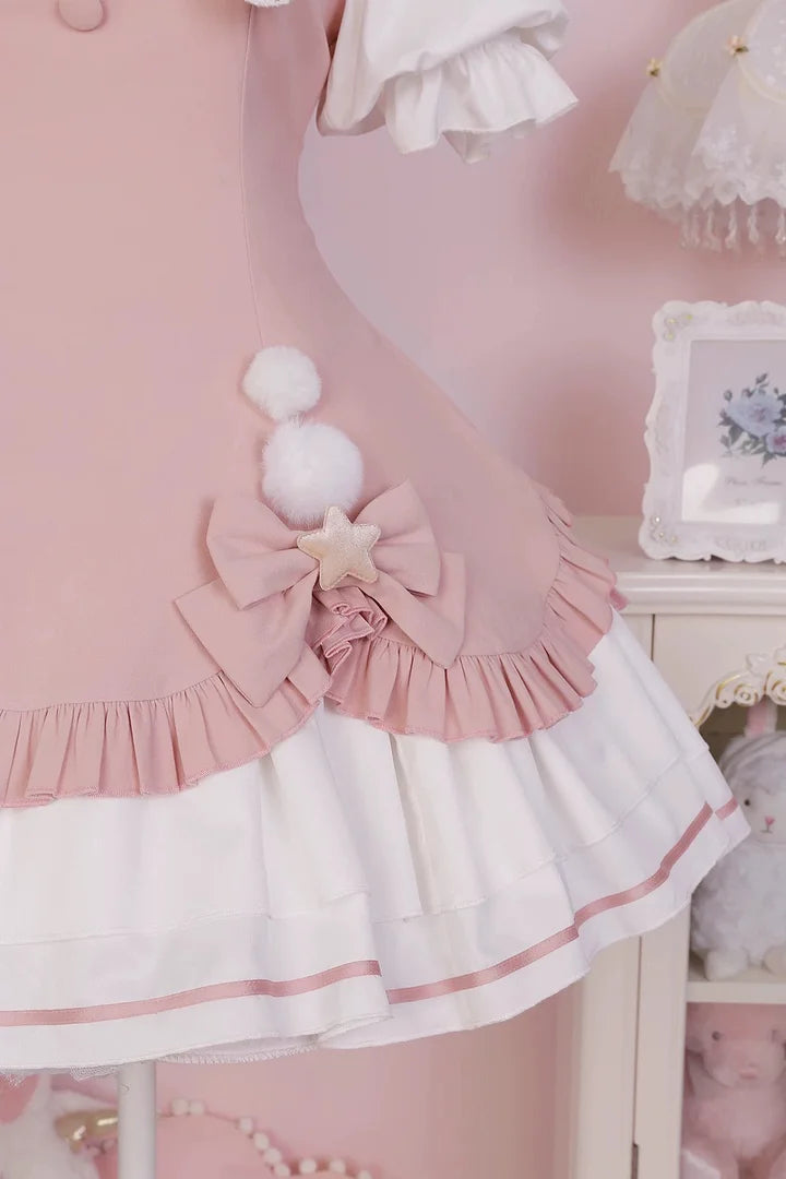 Pink Sweet Bow Bell Lolita Dress with Pointed Collar Blue Long Sleeved Cute Princess Dress