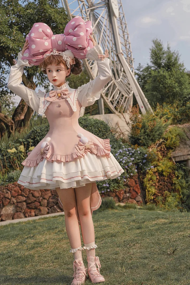 Pink Sweet Bow Bell Lolita Dress with Pointed Collar Blue Long Sleeved Cute Princess Dress