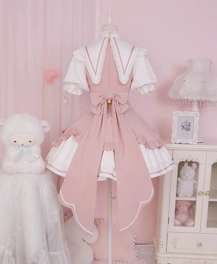 Pink Sweet Bow Bell Lolita Dress with Pointed Collar Blue Long Sleeved Cute Princess Dress