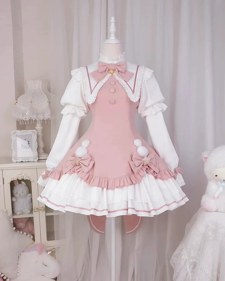 Pink Sweet Bow Bell Lolita Dress with Pointed Collar Blue Long Sleeved Cute Princess Dress