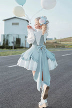 Pink Sweet Bow Bell Lolita Dress with Pointed Collar Blue Long Sleeved Cute Princess Dress