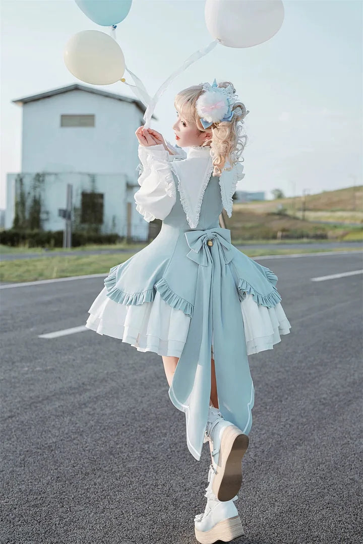 Pink Sweet Bow Bell Lolita Dress with Pointed Collar Blue Long Sleeved Cute Princess Dress
