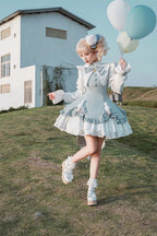 Pink Sweet Bow Bell Lolita Dress with Pointed Collar Blue Long Sleeved Cute Princess Dress