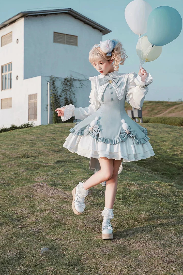 Pink Sweet Bow Bell Lolita Dress with Pointed Collar Blue Long Sleeved Cute Princess Dress