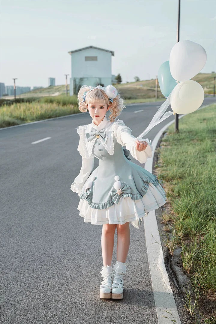 Pink Sweet Bow Bell Lolita Dress with Pointed Collar Blue Long Sleeved Cute Princess Dress