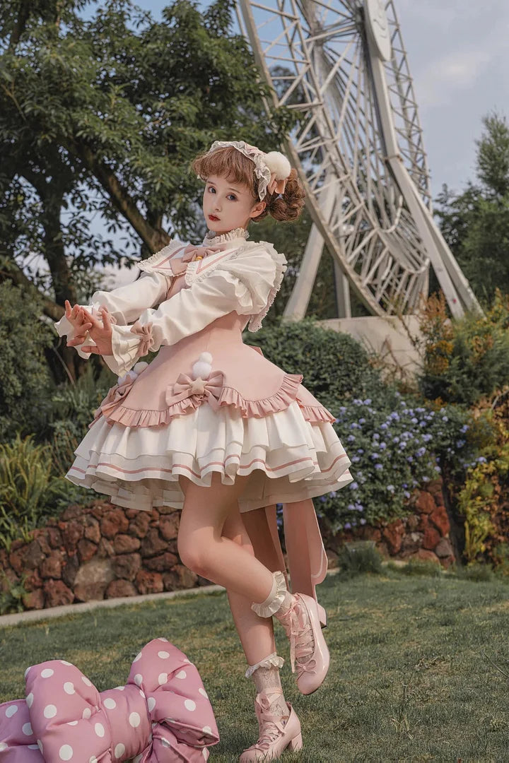 Pink Sweet Bow Bell Lolita Dress with Pointed Collar Blue Long Sleeved Cute Princess Dress
