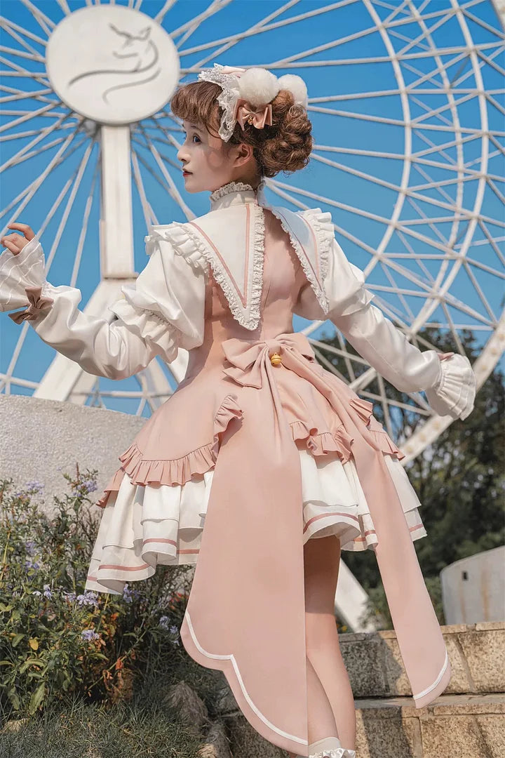 Pink Sweet Bow Bell Lolita Dress with Pointed Collar Blue Long Sleeved Cute Princess Dress