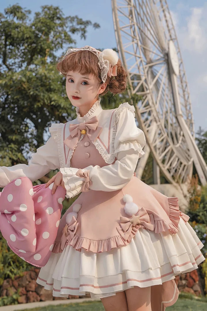 Pink Sweet Bow Bell Lolita Dress with Pointed Collar Blue Long Sleeved Cute Princess Dress