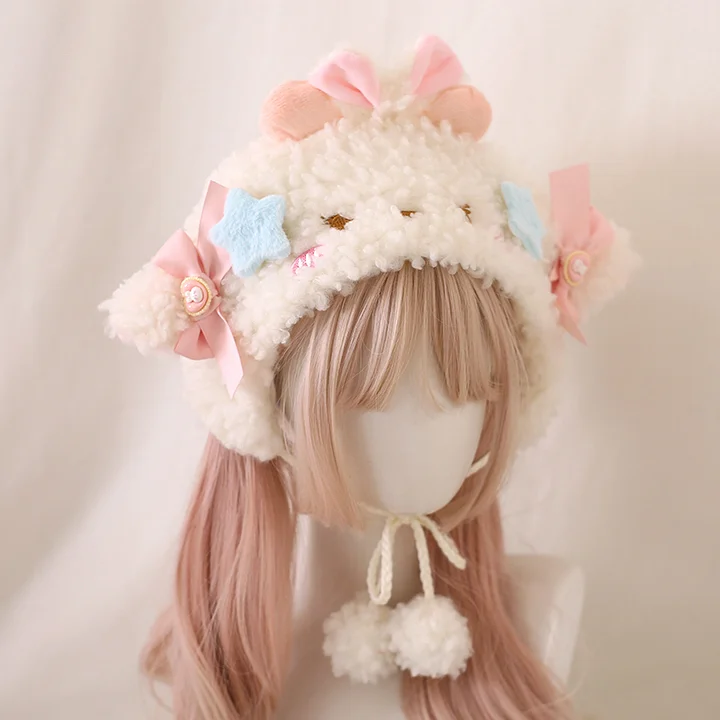 Lolita Hair Accessories Pink Sweet Cute Autumn Winter Bow Ear Cap Lamb Fleece