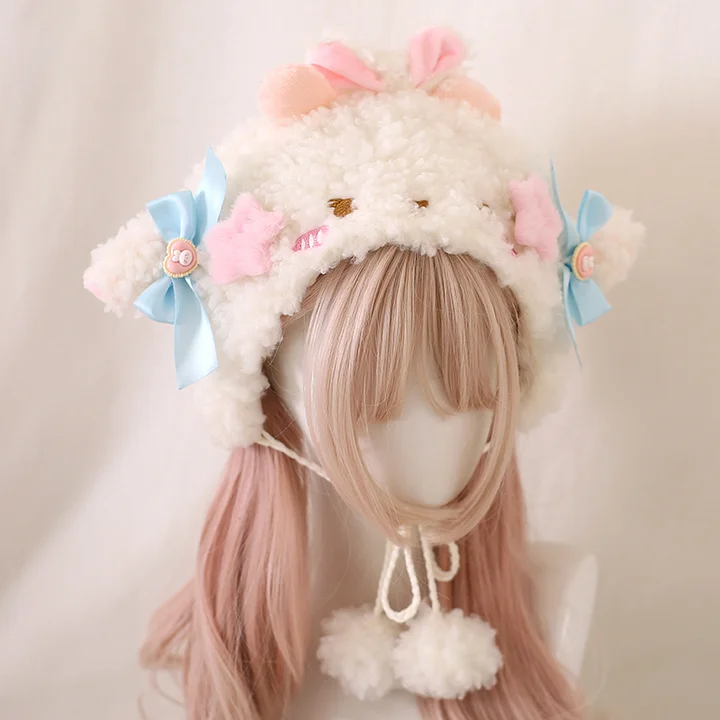 Lolita Hair Accessories Pink Sweet Cute Autumn Winter Bow Ear Cap Lamb Fleece