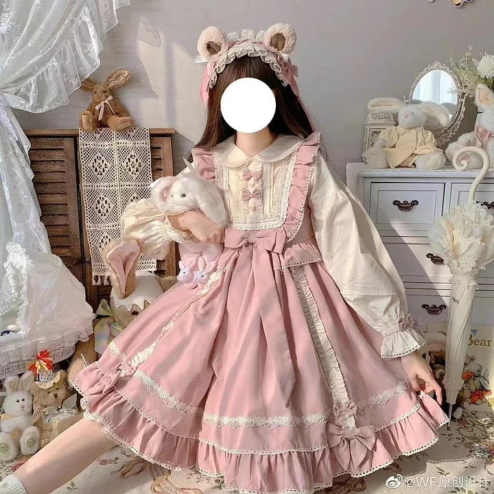 Pink Sweet and Cute Lolita Solid Color Fake Two-piece Princess Dress