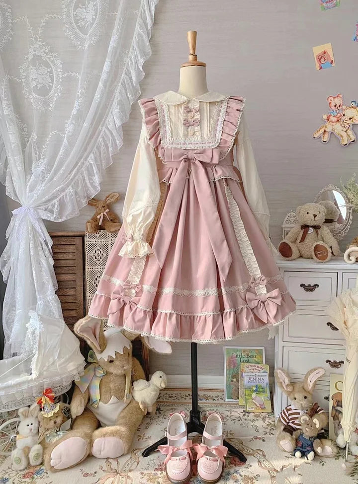 Pink Sweet and Cute Lolita Solid Color Fake Two-piece Princess Dress