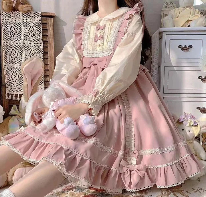 Pink Sweet and Cute Lolita Solid Color Fake Two-piece Princess Dress