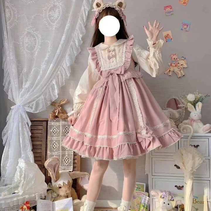Pink Sweet and Cute Lolita Solid Color Fake Two-piece Princess Dress