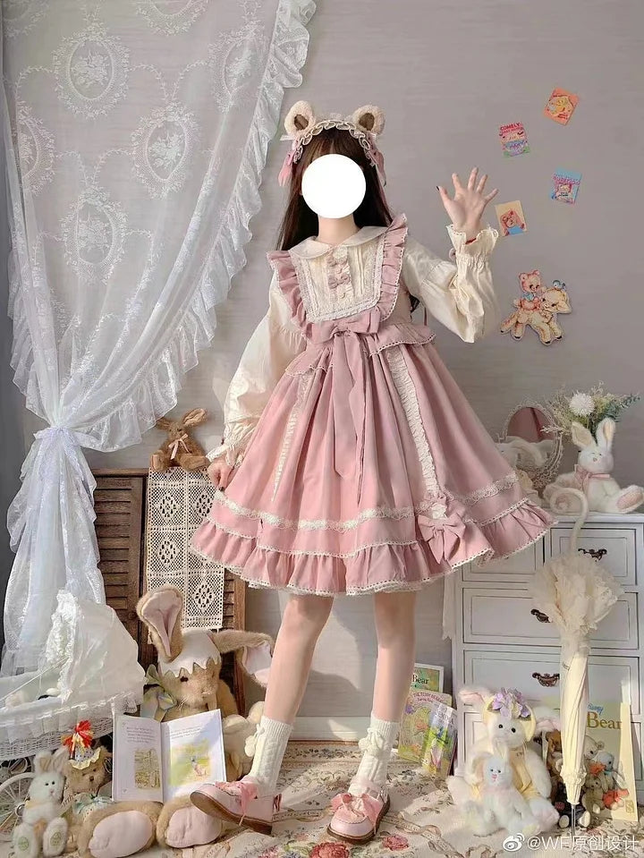Pink Sweet and Cute Lolita Solid Color Fake Two-piece Princess Dress