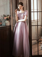 Hime Lolita Pink and Purple Elegant Princess Evening Fairy Prom Dress Puff Sleeves